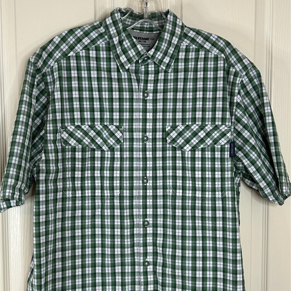 Wolverine Mens Plaid Button Up Short Sleeve Shirt Green White Medium